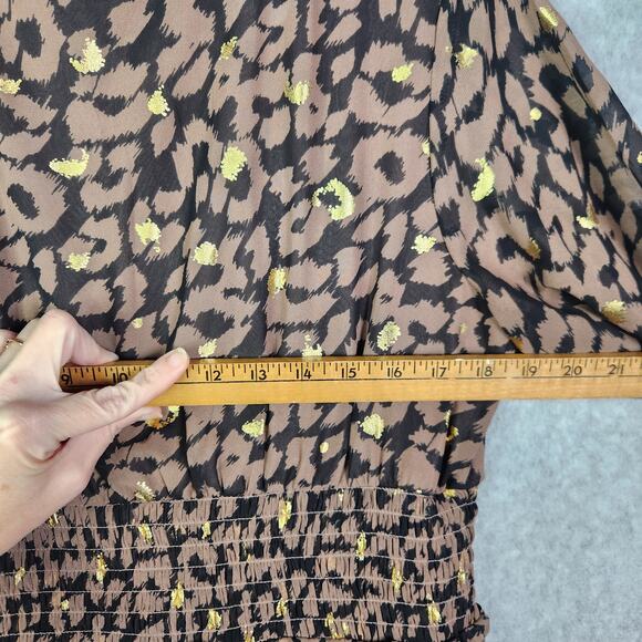 Express Smocked Waist Hi-Lo Cheetah Dress L Ruffles V Neck Wedding Guest Chiffon - Picture 11 of 16